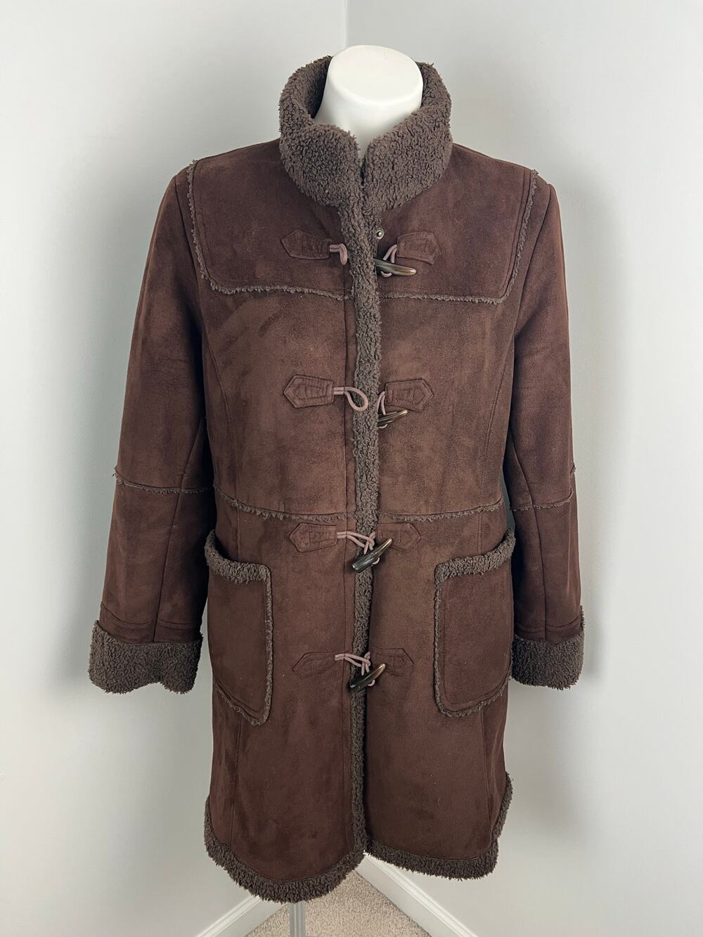 Vintage Talbots Chocolate Brown Faux Fur Trim Suede Toggle Coat Petite Large